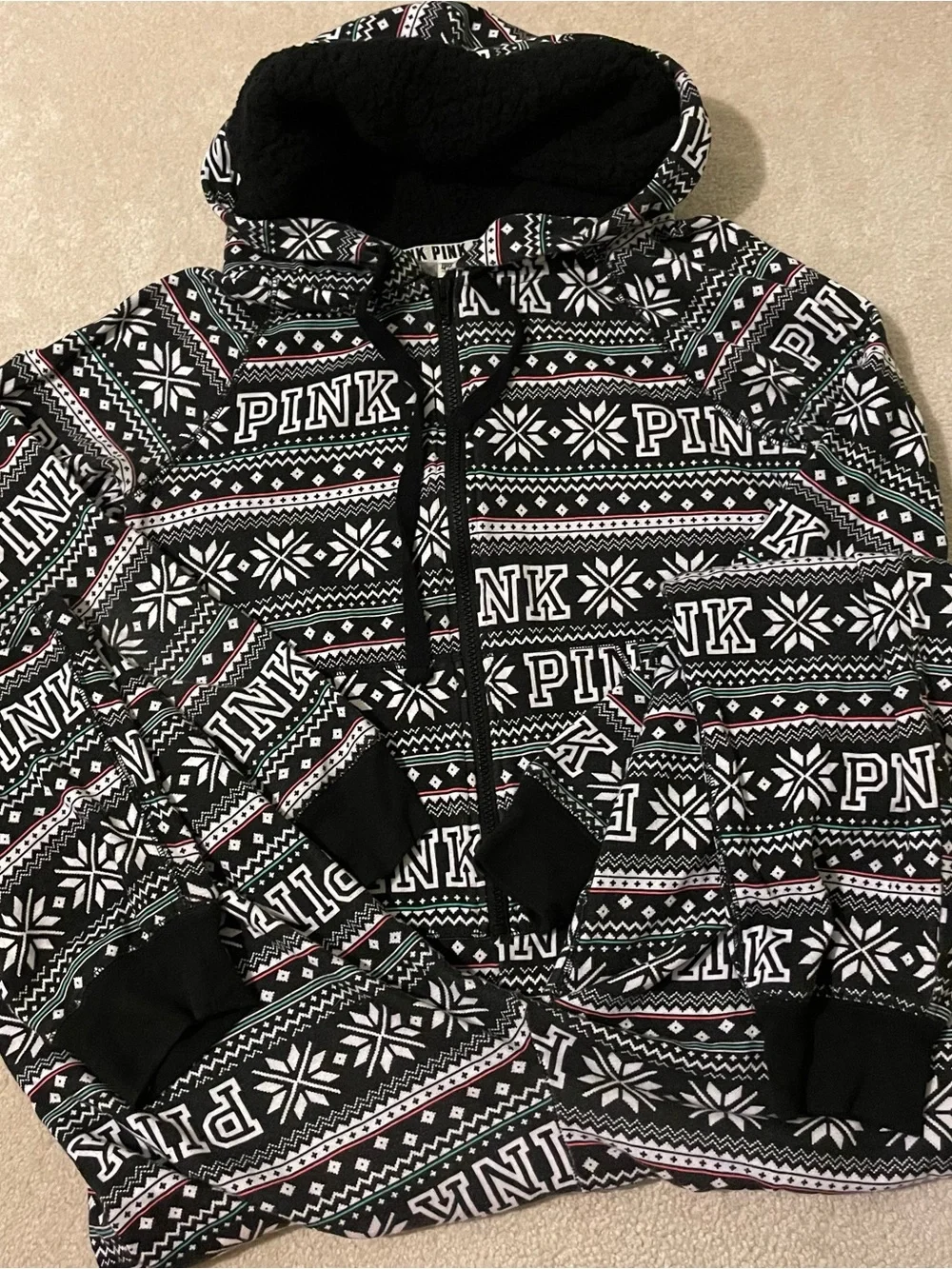VS. PINK holiday fair isle onsie with Sherpa hood X-small EUC